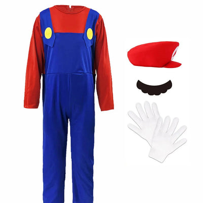 Game Boys Plumber Bros Cosplay Costumes Funny Halloween Carnival Outfits for Kids Adult Fancy Jumpsuit with Hat Mustache Gloves - Slobuy