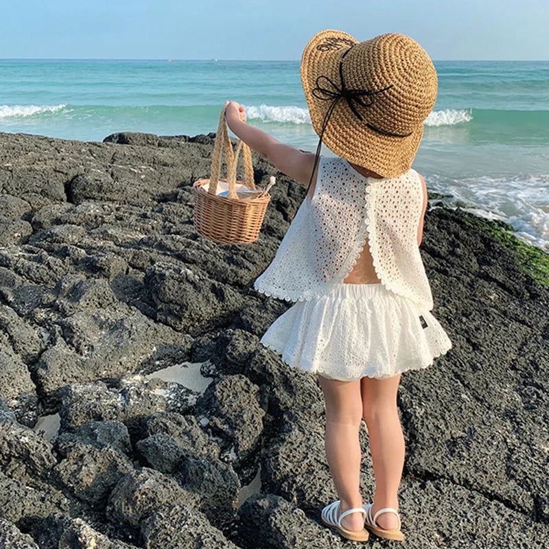 Girls 2024 Summer Clothing Sets Hollow Lace Suit Baby Casual Sleeveless T-shirt+Shorts Kids Clothing Sets Baby Clothes Outfits - Slobuy