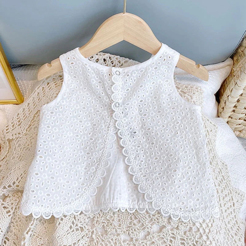 Girls 2024 Summer Clothing Sets Hollow Lace Suit Baby Casual Sleeveless T-shirt+Shorts Kids Clothing Sets Baby Clothes Outfits - Slobuy