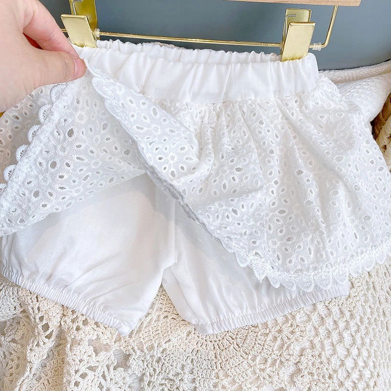 Girls 2024 Summer Clothing Sets Hollow Lace Suit Baby Casual Sleeveless T-shirt+Shorts Kids Clothing Sets Baby Clothes Outfits - Slobuy