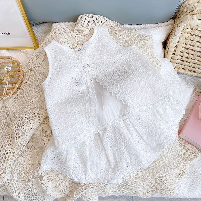 Girls 2024 Summer Clothing Sets Hollow Lace Suit Baby Casual Sleeveless T-shirt+Shorts Kids Clothing Sets Baby Clothes Outfits - Slobuy