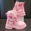 Girls Boots Kids Fashion Rubber Boots Cool Girl Autumn and Winter Cotton Soft Sole Pink with Love Side Zip Princess Round-toe PU - Slobuy
