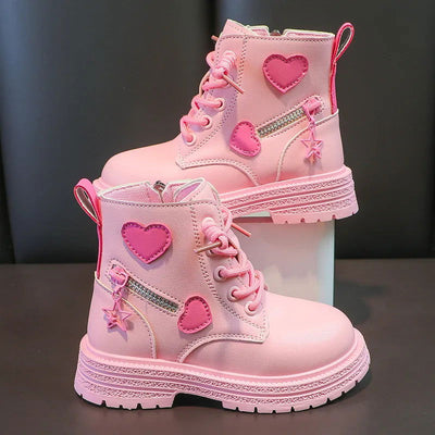 Girls Boots Kids Fashion Rubber Boots Cool Girl Autumn and Winter Cotton Soft Sole Pink with Love Side Zip Princess Round-toe PU - Slobuy