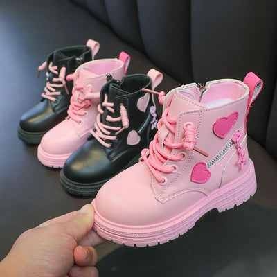 Girls Boots Kids Fashion Rubber Boots Cool Girl Autumn and Winter Cotton Soft Sole Pink with Love Side Zip Princess Round-toe PU - Slobuy