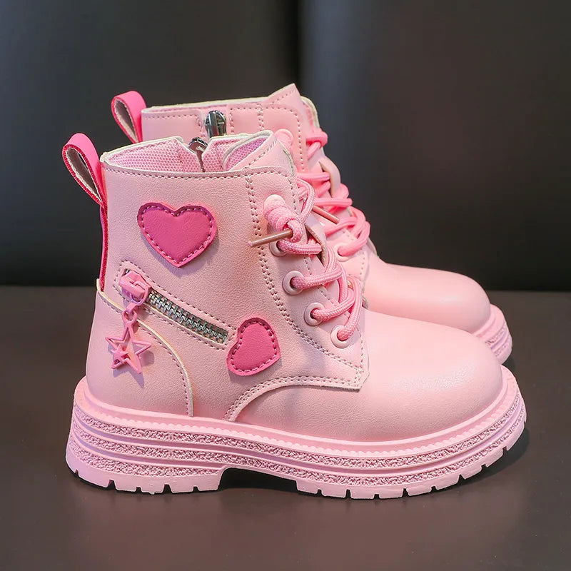 Girls Boots Kids Fashion Rubber Boots Cool Girl Autumn and Winter Cotton Soft Sole Pink with Love Side Zip Princess Round-toe PU - Slobuy