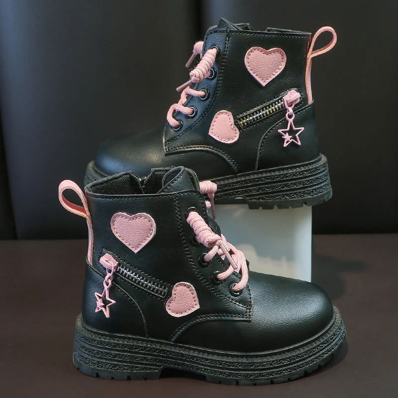 Girls Boots Kids Fashion Rubber Boots Cool Girl Autumn and Winter Cotton Soft Sole Pink with Love Side Zip Princess Round-toe PU - Slobuy