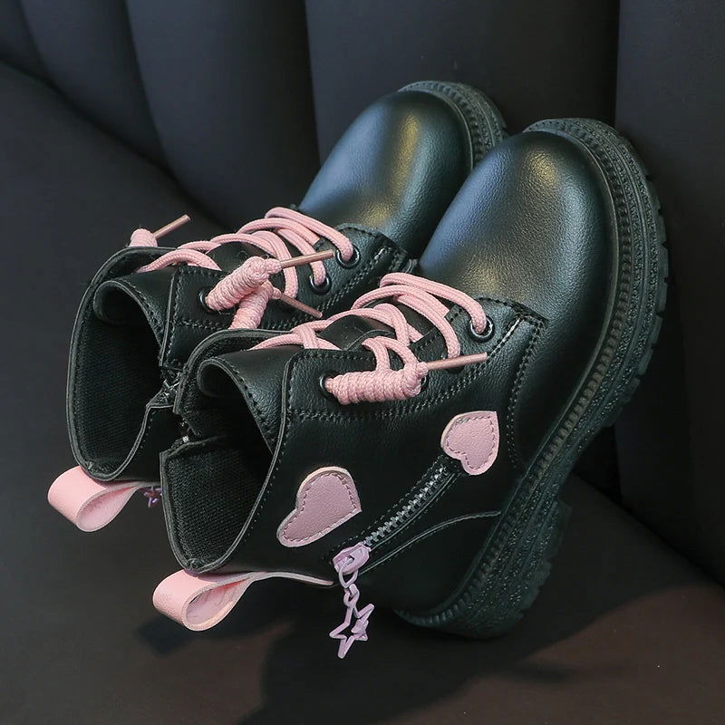 Girls Boots Kids Fashion Rubber Boots Cool Girl Autumn and Winter Cotton Soft Sole Pink with Love Side Zip Princess Round-toe PU - Slobuy