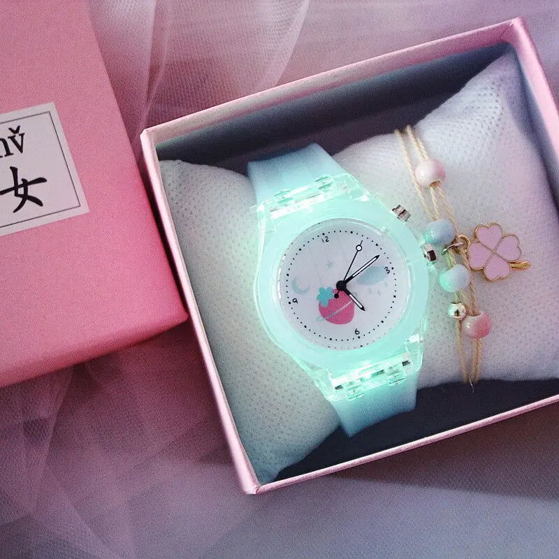 Girls Kids Children Luminous Student Colorful LED Light Women Lady Clock Silica Gel Watermelon Quartz Wrist Watch - Slobuy