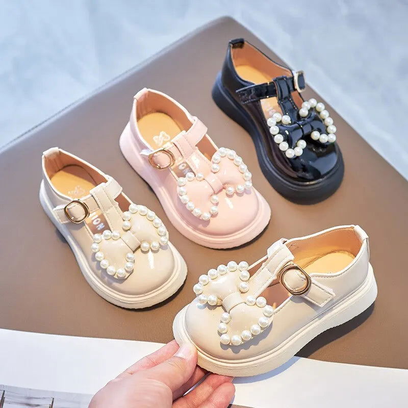 Girls Leather Shoes With Bowtie Pearls Beading Princess Sweet Cute Soft Comfortable Children Flats Kids Shoes Spring - Slobuy