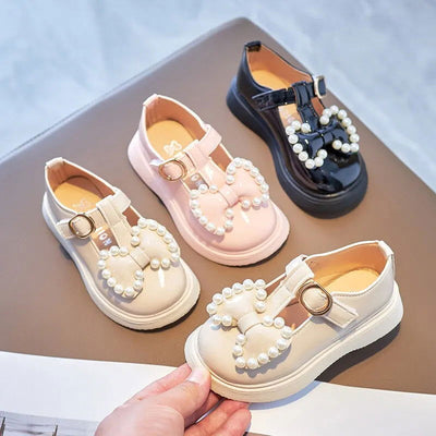 Girls Leather Shoes With Bowtie Pearls Beading Princess Sweet Cute Soft Comfortable Children Flats Kids Shoes Spring - Slobuy