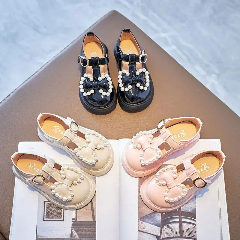 Girls Leather Shoes With Bowtie Pearls Beading Princess Sweet Cute Soft Comfortable Children Flats Kids Shoes Spring - Slobuy
