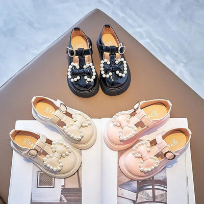 Girls Leather Shoes With Bowtie Pearls Beading Princess Sweet Cute Soft Comfortable Children Flats Kids Shoes Spring - Slobuy
