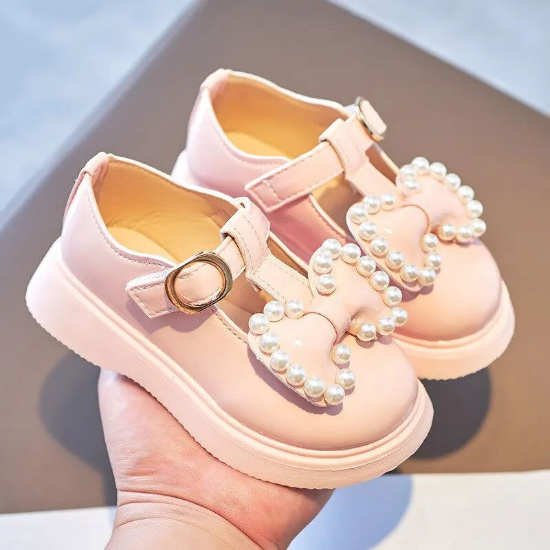 Girls Leather Shoes With Bowtie Pearls Beading Princess Sweet Cute Soft Comfortable Children Flats Kids Shoes Spring - Slobuy