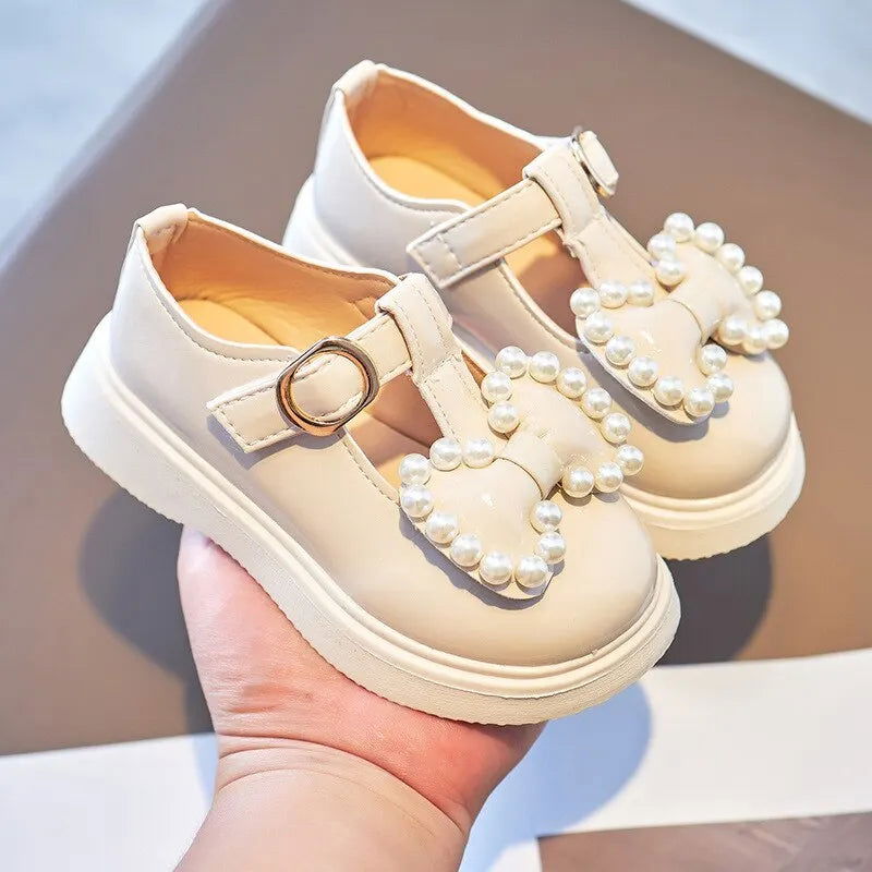 Girls Leather Shoes With Bowtie Pearls Beading Princess Sweet Cute Soft Comfortable Children Flats Kids Shoes Spring - Slobuy