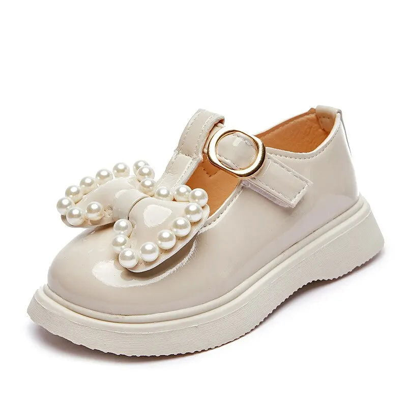 Girls Leather Shoes With Bowtie Pearls Beading Princess Sweet Cute Soft Comfortable Children Flats Kids Shoes Spring - Slobuy