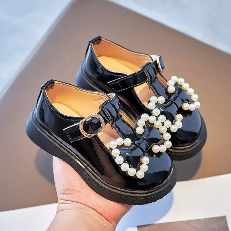 Girls Leather Shoes With Bowtie Pearls Beading Princess Sweet Cute Soft Comfortable Children Flats Kids Shoes Spring - Slobuy