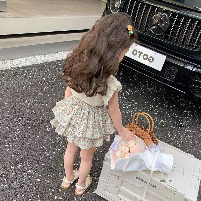 Girls' Suit Summer 2024 New Children's Summer Dress Baby Girl Fashionable Children's Top+Skirt Two-Piece Set - Slobuy