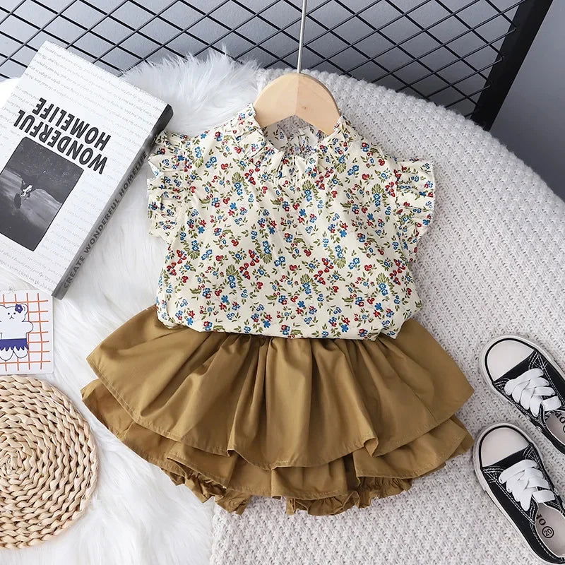 Girls' Suit Summer 2024 New Children's Summer Dress Baby Girl Fashionable Children's Top+Skirt Two-Piece Set - Slobuy
