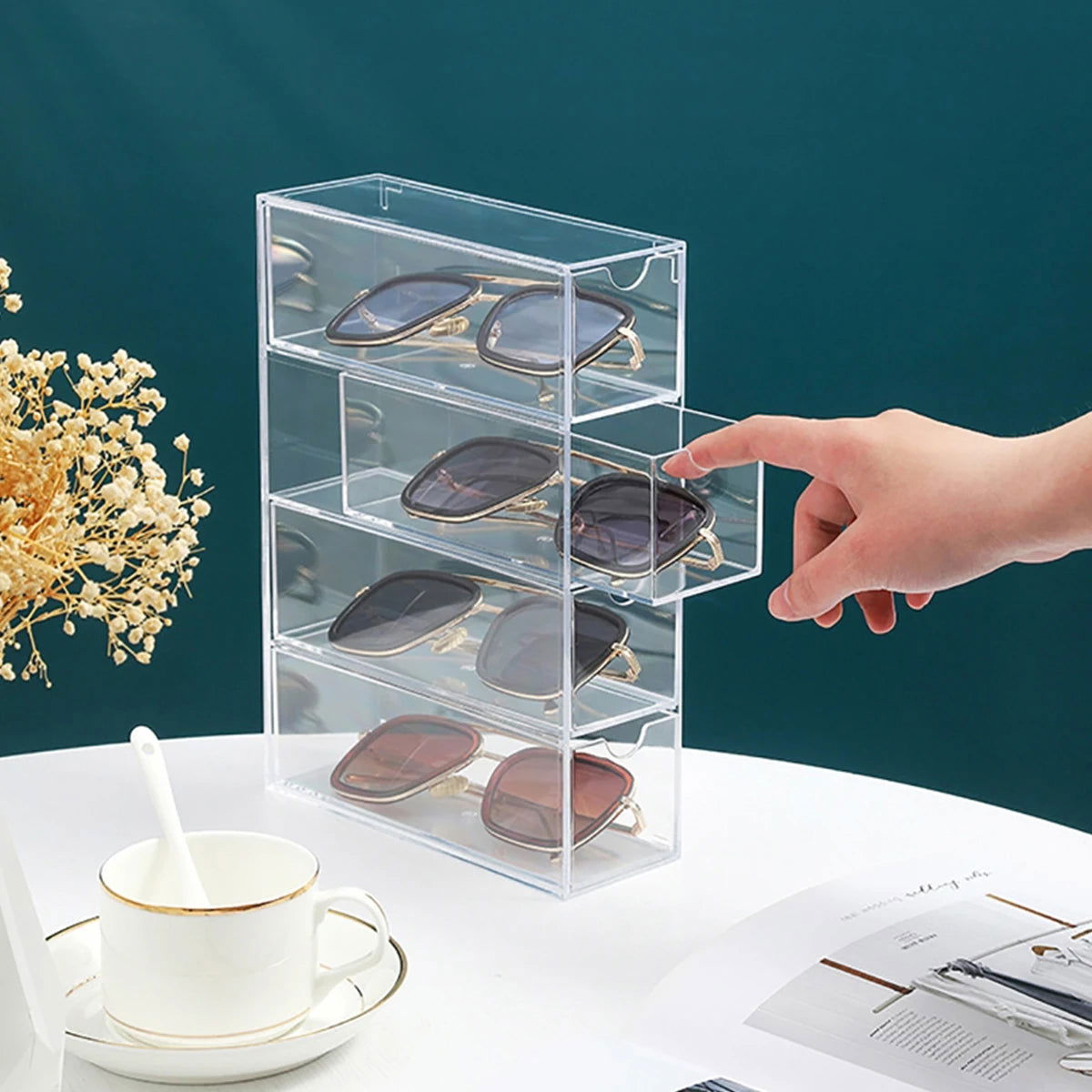 Glasses Storage Box 4-Layers Acrylic Sunglasses Organizer Box Transparent Multifunctional Stackable Cosmetics Display Holder - Slobuy