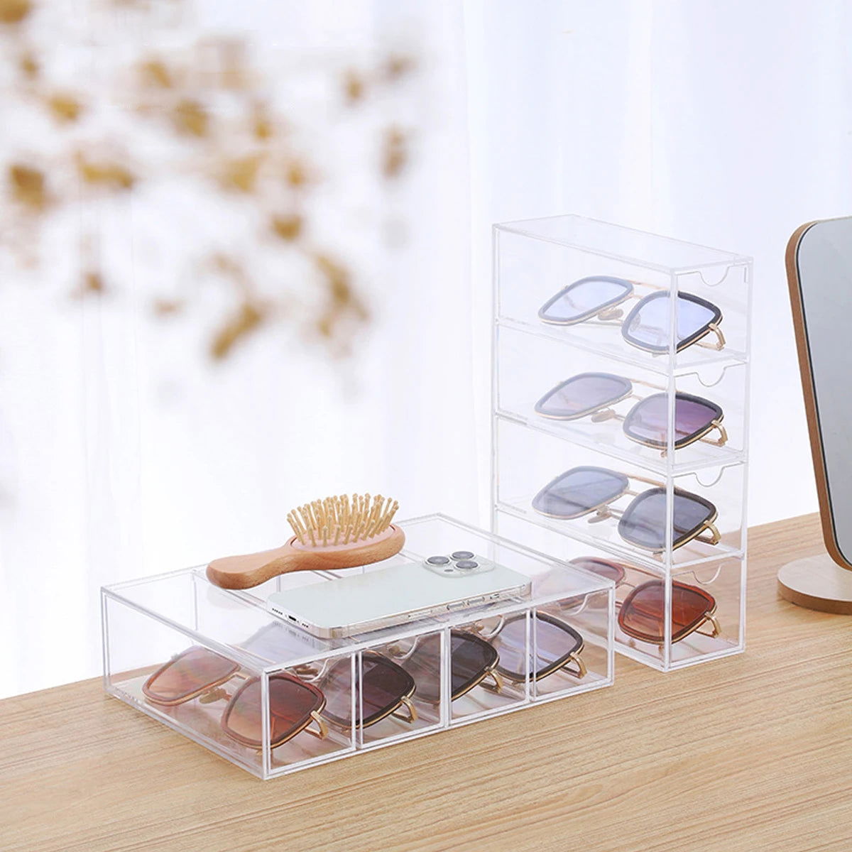 Glasses Storage Box 4-Layers Acrylic Sunglasses Organizer Box Transparent Multifunctional Stackable Cosmetics Display Holder - Slobuy