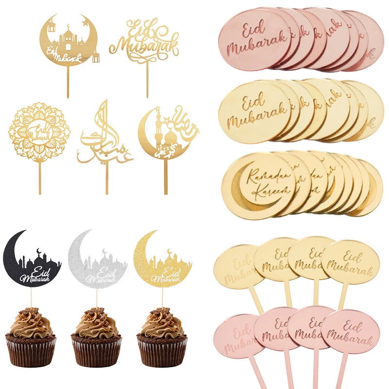 Golden Eid Mubarak Acrylic Cake Toppers Castle Moon CupCake Topper for Ramadan Islamic Muslim Festival Party Cake DIY Decoration - Slobuy