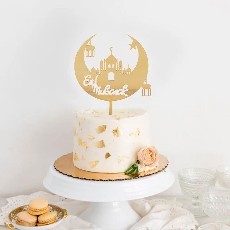 Golden Eid Mubarak Acrylic Cake Toppers Castle Moon CupCake Topper for Ramadan Islamic Muslim Festival Party Cake DIY Decoration - Slobuy