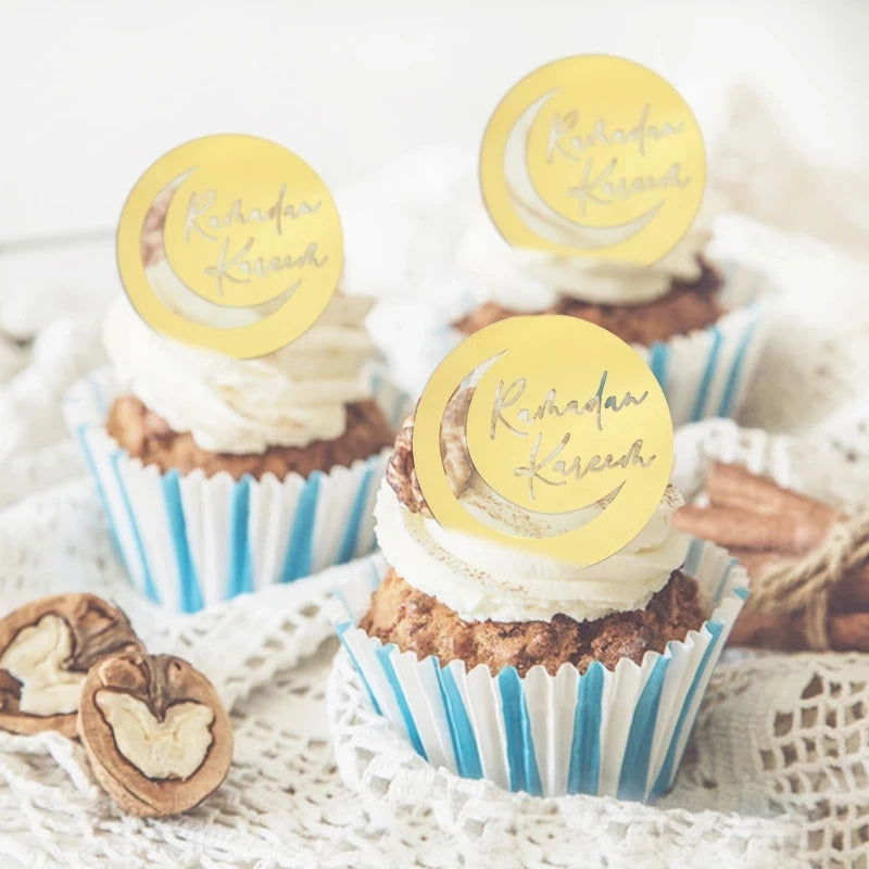 Golden Eid Mubarak Acrylic Cake Toppers Castle Moon CupCake Topper for Ramadan Islamic Muslim Festival Party Cake DIY Decoration - Slobuy