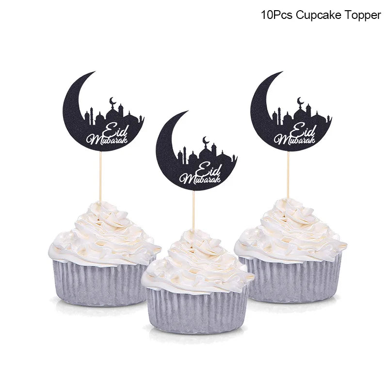Golden Eid Mubarak Acrylic Cake Toppers Castle Moon CupCake Topper for Ramadan Islamic Muslim Festival Party Cake DIY Decoration - Slobuy
