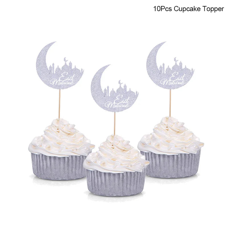 Golden Eid Mubarak Acrylic Cake Toppers Castle Moon CupCake Topper for Ramadan Islamic Muslim Festival Party Cake DIY Decoration - Slobuy