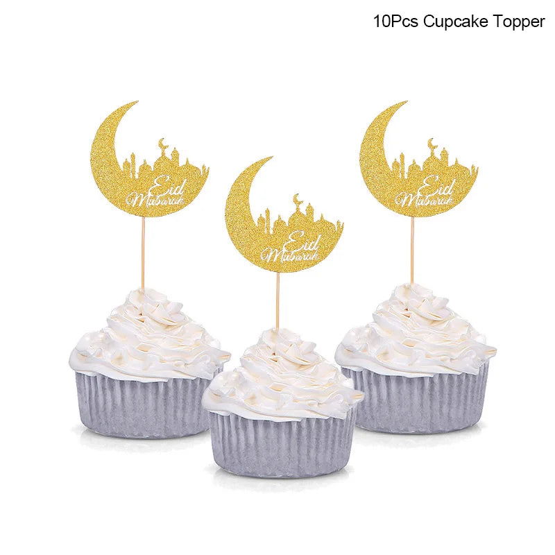 Golden Eid Mubarak Acrylic Cake Toppers Castle Moon CupCake Topper for Ramadan Islamic Muslim Festival Party Cake DIY Decoration - Slobuy