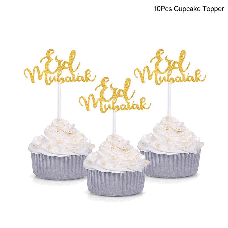 Golden Eid Mubarak Acrylic Cake Toppers Castle Moon CupCake Topper for Ramadan Islamic Muslim Festival Party Cake DIY Decoration - Slobuy