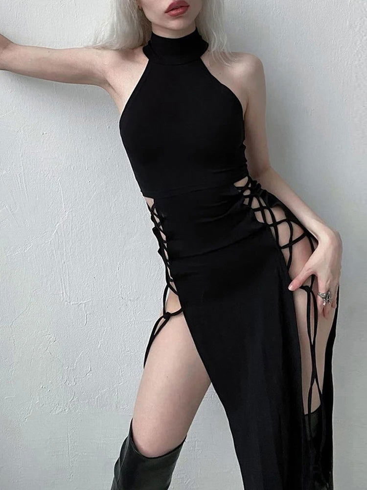 Goth Dark Cosplay High Split Sexy Bandage Women Dresses Y2K Mall Gothic Halter Slim Midi Dress Black Grunge Style Alt Partywear - Slobuy