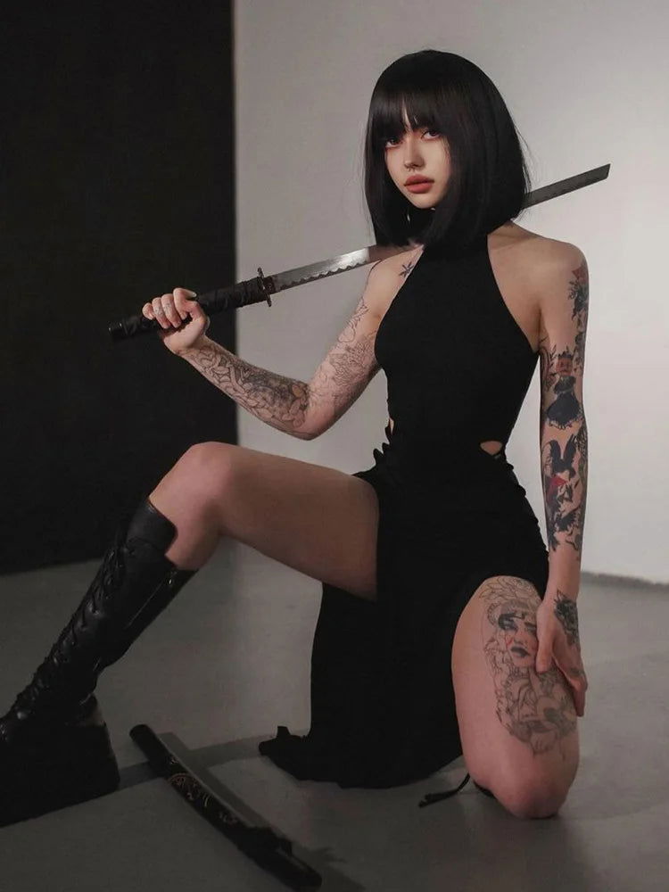 Goth Dark Cosplay High Split Sexy Bandage Women Dresses Y2K Mall Gothic Halter Slim Midi Dress Black Grunge Style Alt Partywear - Slobuy