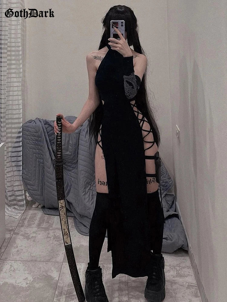 Goth Dark Cosplay High Split Sexy Bandage Women Dresses Y2K Mall Gothic Halter Slim Midi Dress Black Grunge Style Alt Partywear - Slobuy