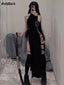 Goth Dark Cosplay High Split Sexy Bandage Women Dresses Y2K Mall Gothic Halter Slim Midi Dress Black Grunge Style Alt Partywear - Slobuy