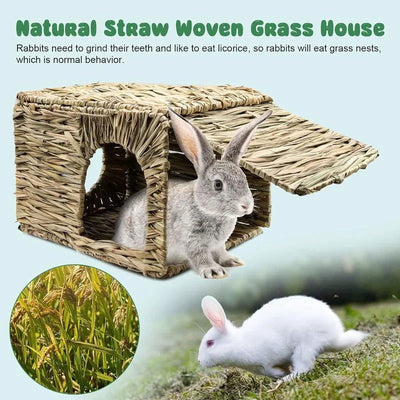 Grass House for Rabbit Foldable Woven Rabbit Cages Hamster Guinea Pig Grass Chew Toy Mat House Bed Nests for Animal Accessories - Slobuy