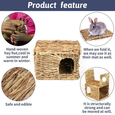 Grass House for Rabbit Foldable Woven Rabbit Cages Hamster Guinea Pig Grass Chew Toy Mat House Bed Nests for Animal Accessories - Slobuy