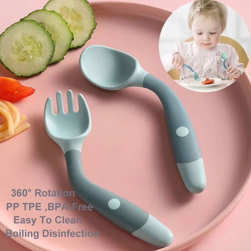 Green BAP Free Children Learn To Eat Training Tableware Twist Fork Spoon Silicone PP Soft Spoon - Slobuy