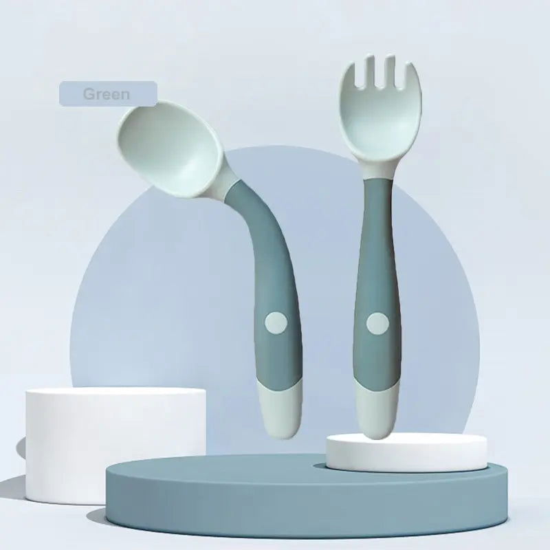 Green BAP Free Children Learn To Eat Training Tableware Twist Fork Spoon Silicone PP Soft Spoon - Slobuy