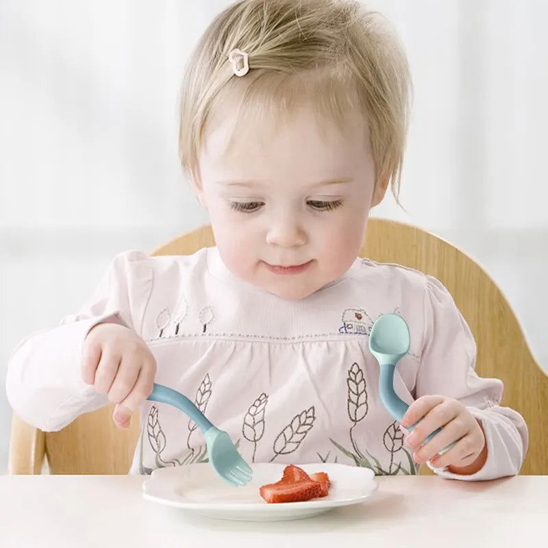 Green BAP Free Children Learn To Eat Training Tableware Twist Fork Spoon Silicone PP Soft Spoon - Slobuy