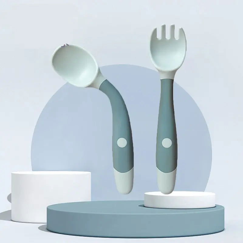 Green BAP Free Children Learn To Eat Training Tableware Twist Fork Spoon Silicone PP Soft Spoon - Slobuy