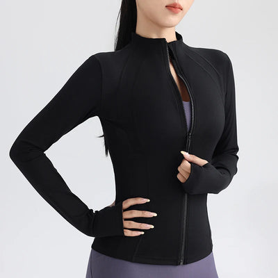 Gym Women's Full Zip Yoga Top With Thumbholes Fitness Running Jacket Stretch Fit Long Sleeve Round Neck Top Sportswear - Slobuy