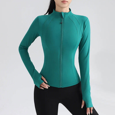 Gym Women's Full Zip Yoga Top With Thumbholes Fitness Running Jacket Stretch Fit Long Sleeve Round Neck Top Sportswear - Slobuy