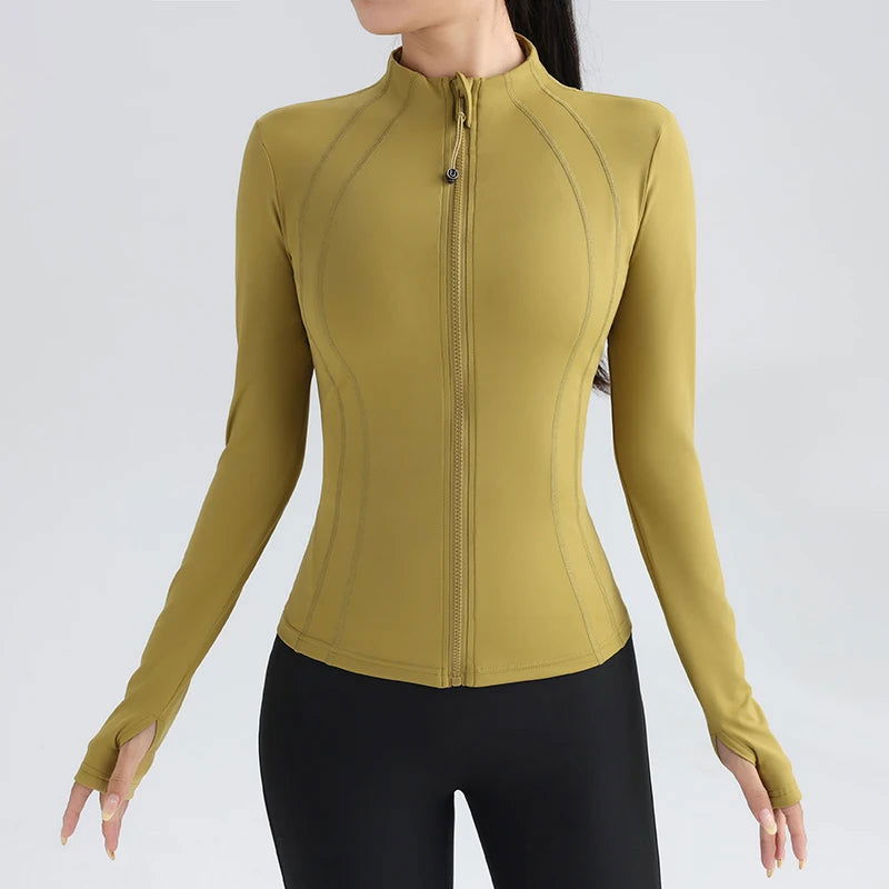 Gym Women's Full Zip Yoga Top With Thumbholes Fitness Running Jacket Stretch Fit Long Sleeve Round Neck Top Sportswear - Slobuy