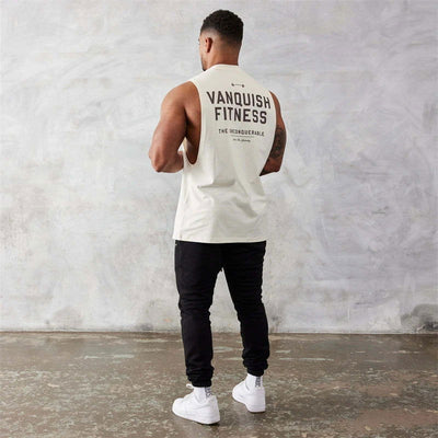 Gym exercise fitness sports men's vest cotton wide shoulder round neck sleeveless shirt slim casual men's wear - Slobuy