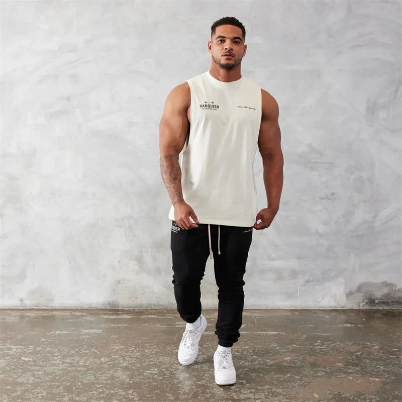 Gym exercise fitness sports men's vest cotton wide shoulder round neck sleeveless shirt slim casual men's wear - Slobuy
