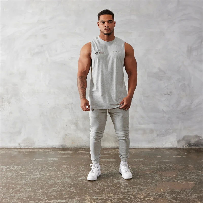 Gym exercise fitness sports men's vest cotton wide shoulder round neck sleeveless shirt slim casual men's wear - Slobuy