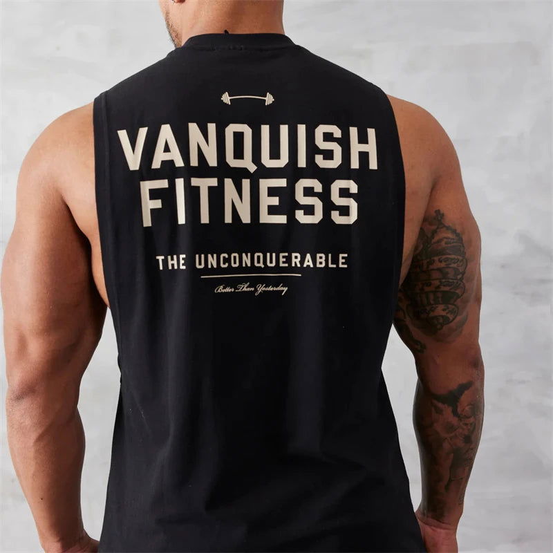Gym exercise fitness sports men's vest cotton wide shoulder round neck sleeveless shirt slim casual men's wear - Slobuy