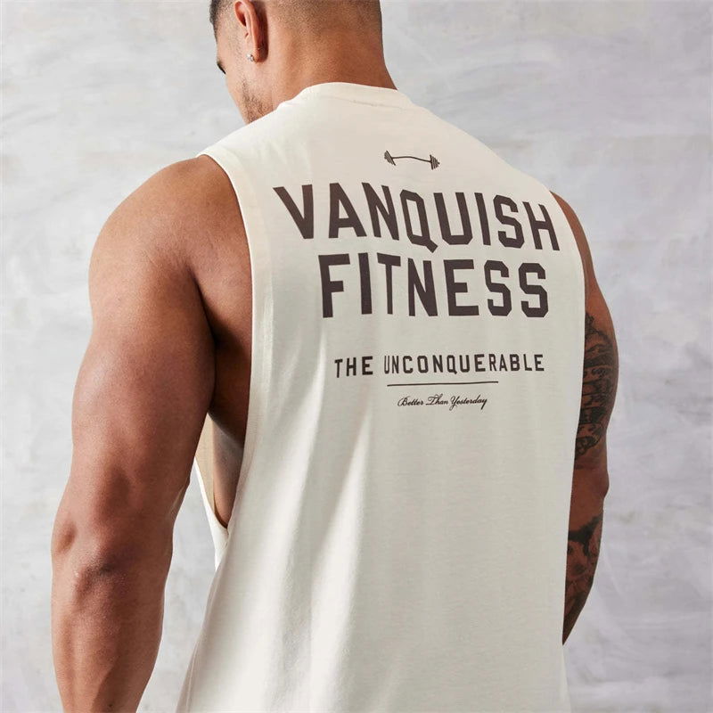 Gym exercise fitness sports men's vest cotton wide shoulder round neck sleeveless shirt slim casual men's wear - Slobuy