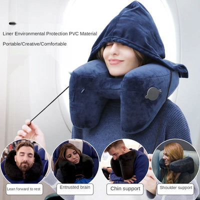 H-shaped inflatable travel pillow with hood foldable lightweight neck car seat, popular chair office airplane seat pillow - Slobuy